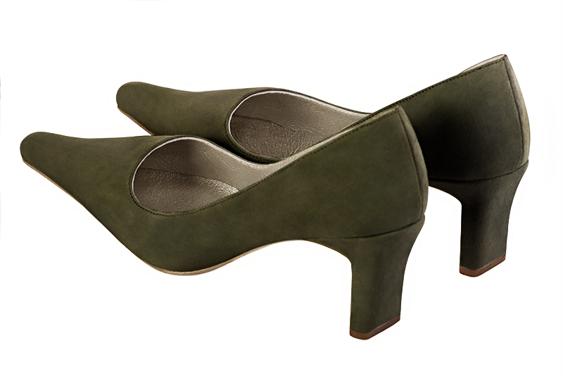 Khaki green women's dress pumps,with a square neckline. Pointed toe. Medium comma heels. Rear view - Florence KOOIJMAN